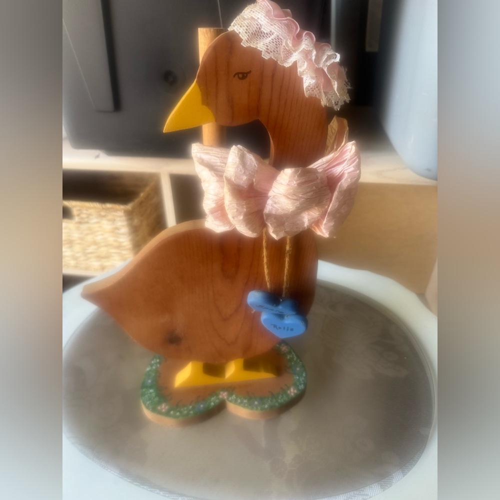 Wooden Goose Figurine with Pink and Blue Accents - Picture 2 of 5